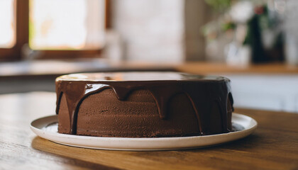 Wall Mural - Rich chocolate cake with glossy ganache glaze on rustic wooden table in cozy kitchen. Sweet dessert