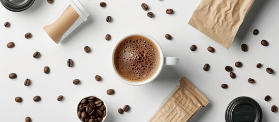 Poster - A top view image displays a paper cup coffee beans and packages on a white background ideal for logo placement Ample copy space is available