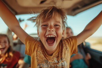 An exuberant child captured mid-cheer, leaning towards the camera inside a vehicle during a sunny road excursion, highlighting feelings of excitement and boundless joy.