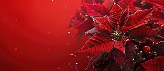 Sticker - Poinsettia flowers on red backdrop with festive copy space image perfect for Christmas and New Year as a holiday banner or mock up