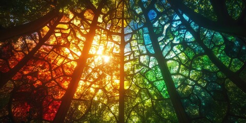 Poster - Sunlit Canopy Through a Colorful Stained Glass Window