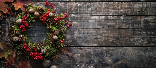 Sticker - Rustic autumn wreath with moss acorns and red berries on wooden surface ideal for fall season Copy space image