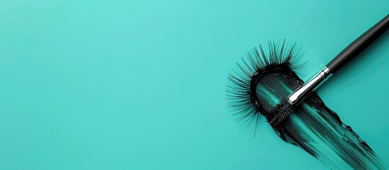 Wall Mural - Black mascara brush and false eyelashes against a vibrant turquoise backdrop with copy space image