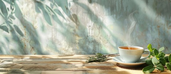 Poster - Wooden table with cup of aromatic herbal tea and sage providing copy space image