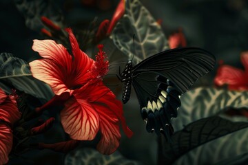 Wall Mural - Black butterfly with white spots on its wings is gathering pollen from a red hibiscus flower