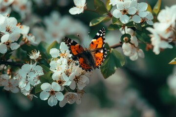 Wall Mural - Beautiful butterfly with orange and black wings sitting on a branch covered with white flowers