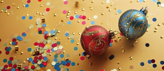 Wall Mural - Vibrant sequins adorn a golden backdrop in this festive holiday greeting card mockup with a minimal flat lay design and ample copy space image