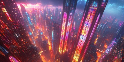 Poster - Futuristic Cityscape with Stained Glass Towers at Night