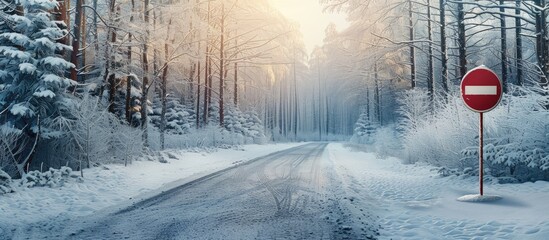 Wall Mural - Beautiful red road sign symbolizing business flexibility against a snowy forest backdrop with copy space for image insertion