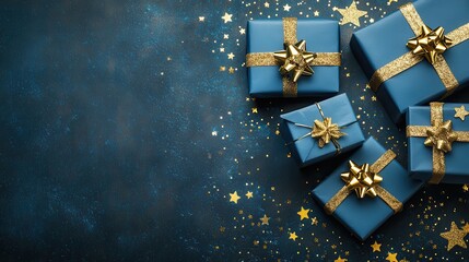 Christmas background with blue gift boxes and golden stars on dark blue, flat lay top view