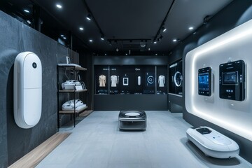 Poster - A sleek showroom displaying cutting-edge luxury smart devices, such as AI-powered home assistants and high-end wearable technology, emphasizing both advanced technology and premium design, symbolizing