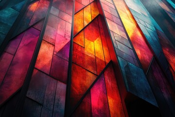 Poster - Abstract Geometric Pattern of Red, Orange, and Blue Glass Panels