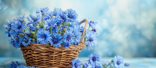 Canvas Print - A summer themed postcard with a wicker basket holding a bouquet of blue cornflower flowers perfect for sending congratulations with space for additional text or images