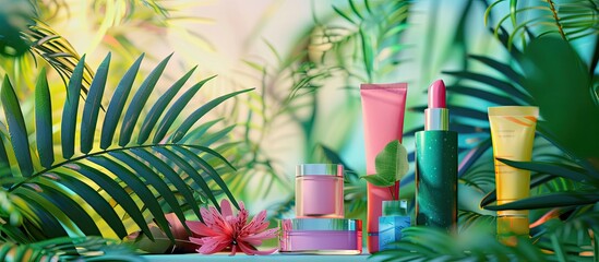 Sticker - Cosmetic items made from organic materials displayed against a colorful background with green foliage Can include text or graphics. Copy space image. Place for adding text and design