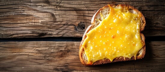 Cheese melting on toasted bread laid out on a wooden table with room for a caption in the copy space image