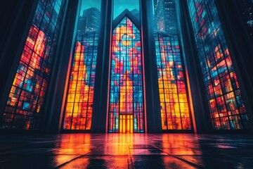 Poster - A Modern Building with Multicolored Stained Glass Windows