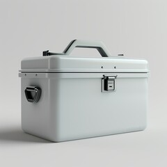 A clean and minimalist 3D render of a toolbox icon, showcasing a simple box with a handle in neutral colors like white or light gray. The design represents straightforward functionality