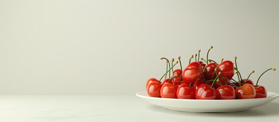 Sticker - High quality close up photo of fresh red cherries arranged on a plate with a white background ideal for copy space image