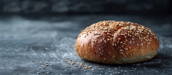 Poster - Close up side view of a buckwheat bun on a gray background with copy space image