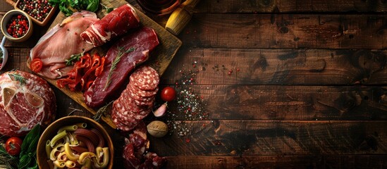 Canvas Print - Assorted meats are laid out on a cutting board with copy space image