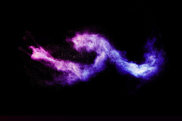 Wall Mural - explosion of colored powder and dust smoke splash pink and purple on black background