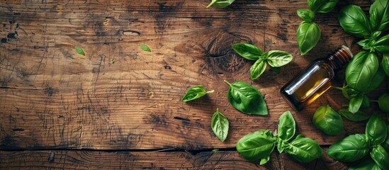 Wall Mural - Basil essential oil and fresh leaves on a wooden surface for aromatherapy and alternative medicine with a place for text in a copy space image