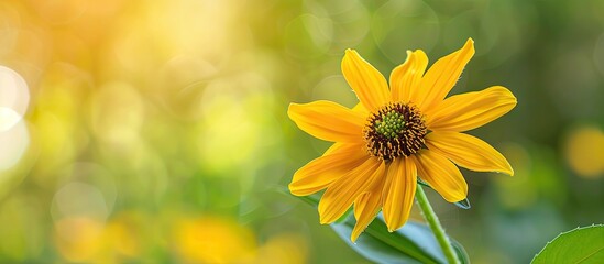 Poster - Selective focus on a yellow flower in natural surroundings with copy space image.