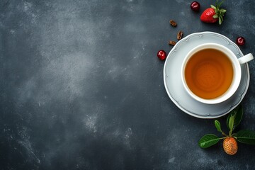 A white cup filled with tea sits on a dark surface with a few fresh strawberries and green leaves scattered around.