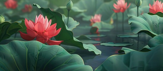 Canvas Print - During summer the red lotus blooms vividly contrasting with the green lotus leaves in a stunning copy space image