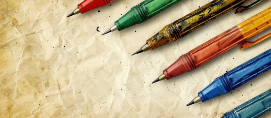 Poster - colorful pens arranged on a beige grunge background with copy space image