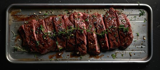 Canvas Print - Top down view of a skirt steak topped with thyme on a steel tray with a black background setting suitable for a copy space image