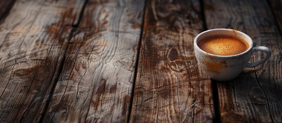 Canvas Print - An old wooden table showcasing a cup of Mexican coffee with a rustic feel in a copy space image