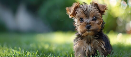 Fluffy Yorkshire Terrier puppy with adorable eyes sitting on lush green grass gazing at the camera in a charming pose a delightful domestic pet in a captivating copy space image