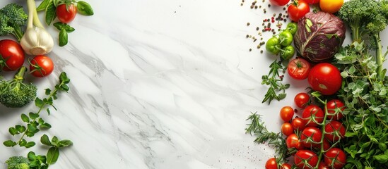 Poster - Vegetarian protein source Assorted fresh produce and herbs on white marble surface with copy space image