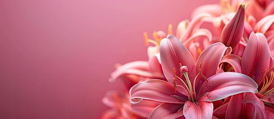 Sticker - A stunning pink lily arrangement against a vibrant pink backdrop emanating elegance and beauty Ideal as a template with ample copy space for customization