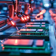 Close-up view of a computer motherboard with circuit details illuminated by glowing LED lights in a tech environment.