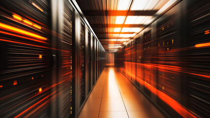 Poster - A defocused corridor view in a spacious data center, featuring rows of rack-mounted servers and supercomputers.