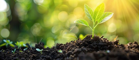 Poster - A closeup of a young seedling growing in soil outdoors on a sunny day with copy space image available for text