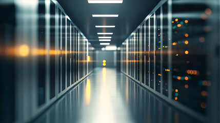 Poster - A defocused corridor view in a spacious data center, featuring rows of rack-mounted servers and supercomputers.