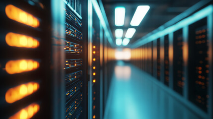 Poster - A defocused corridor view in a spacious data center, featuring rows of rack-mounted servers and supercomputers.