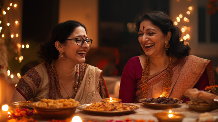 two indian women dressed in sarees, sharing a joyful moment, laughing together while sitting around 