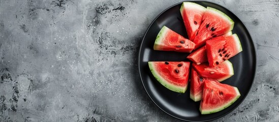 Wall Mural - Top-down view of refreshing watermelon slices on a black plate against a concrete backdrop with summer sunlight casting shadows, offering space for additional content.