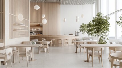 Poster - A bright, airy restaurant features light wooden furniture, ample natural light, and greenery, creating a calming atmosphere for diners.
