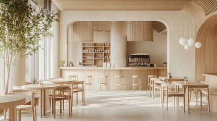 Fototapete - A sleek cafe features light wood furnishings, abundant natural light, and a simple counter setup, inviting a calm atmosphere for relaxation or work.
