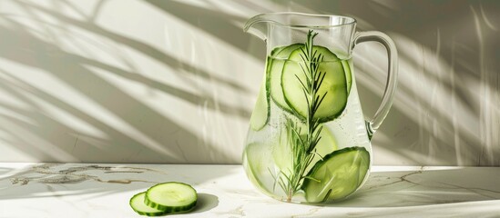 Sticker - A jug of cool cucumber water infused with rosemary sits on a white table inviting a personalized message in the copy space image