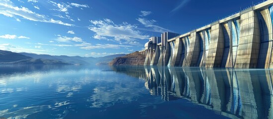 Sticker - Sunny day with blue sky at a water reservoir featuring a dam wall and building ideal for copy space image