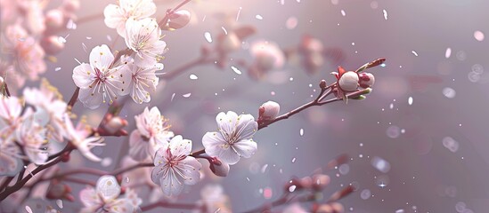 Wall Mural - Plum blossoms on a branch in a spring themed background with numerous small white flowers and ample copy space image