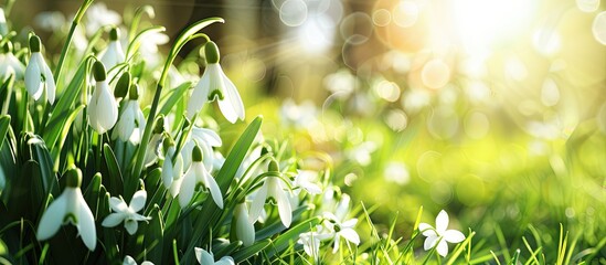 Poster - White snowdrop flowers Galanthus bloom on a vibrant green meadow in a sunny garden creating an Easter spring background with copy space image