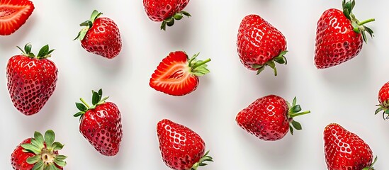 Wall Mural - Fresh red strawberries arranged on a white backdrop with copy space image available.