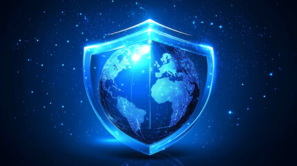 Cybersecurity and data protection concept on a blue background. Featuring database security software development and online security measures, with the Earth protected by a shield. Vector illustration